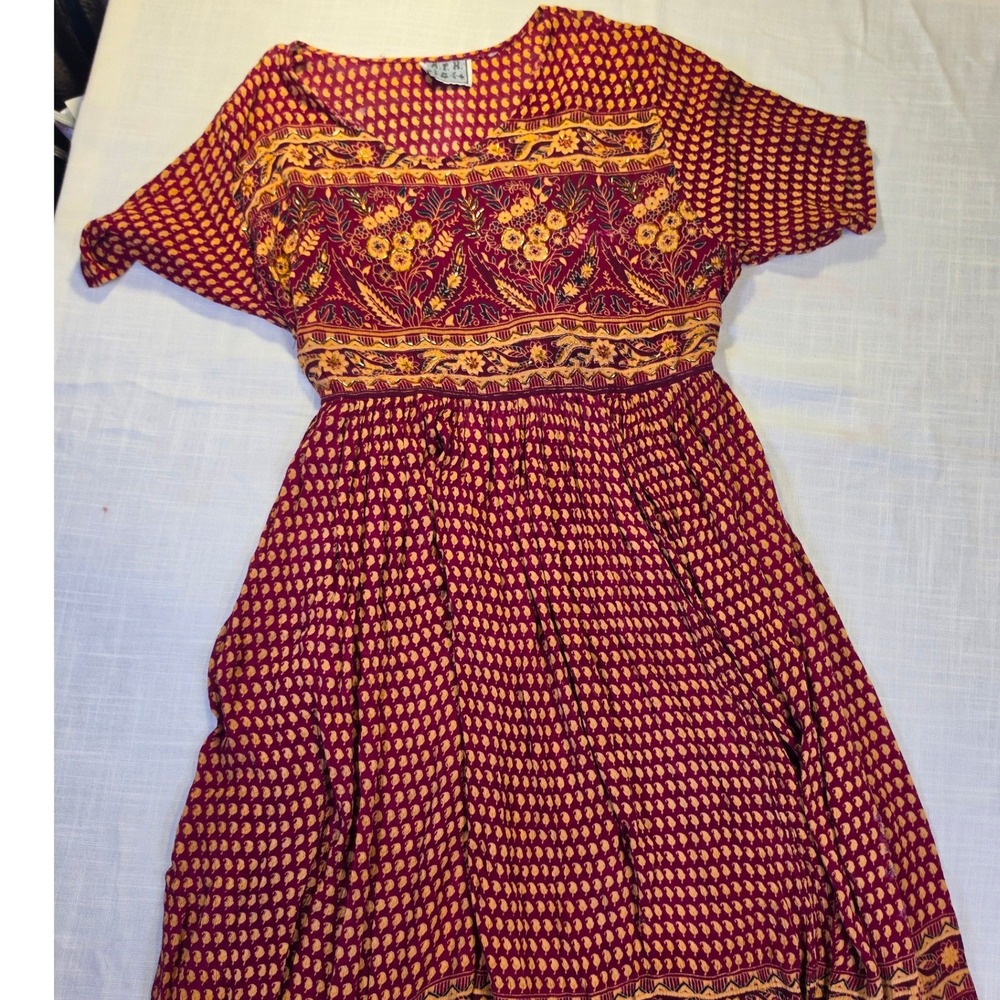 M.P.H. Burgundy Gold Paisley Floral Beaded Midi Dress Boho Tie Back Womens L